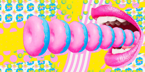 Contemporary digital collage art. Modern trippy design. Creative banner crazy mouth and donuts. Donuts lover concept