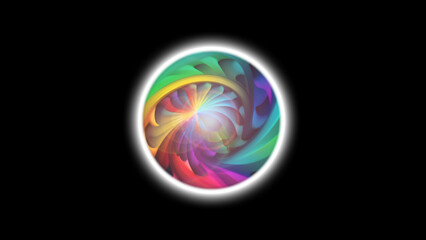 Computer AI voice recognition icon similar to Siri. Evolving spinning colors within a glowing sphere orb.