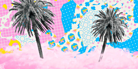 Contemporary digital collage art. Modern trippy design. Palm and abstract creative background