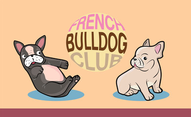 2 lovely french bulldog cartoon dog character isolate on pastel background