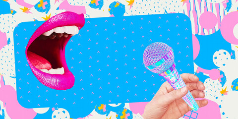 Contemporary digital collage art. Modern trippy design. Retro fashion party 90s vibes. Funny mouth and karaoke concept