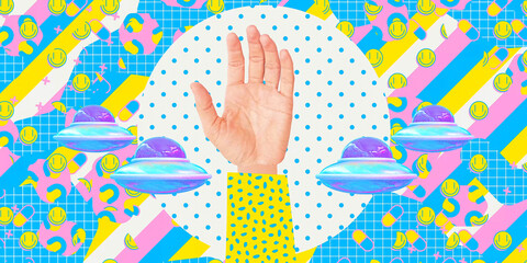 Contemporary digital collage art. Modern trippy design.  Funny hand and flying saucer on creative abstract background © Porechenskaya