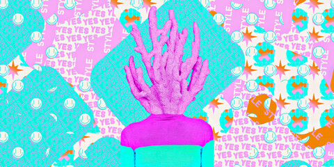 Contemporary digital collage art. Modern trippy design. Lady coral surreal concept