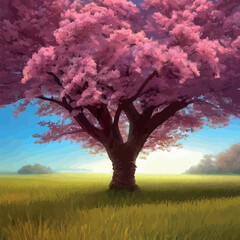 Naklejka na ściany i meble blooming pink sakura in the meadow vector illustration. Japanese cherry trees on a green meadow, Spring landscape with a single blooming cherry tree sakura