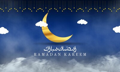 Obraz na płótnie Canvas Realistic golden moon Ramadan Mubaark arabic calligraphy islamic greeting card design