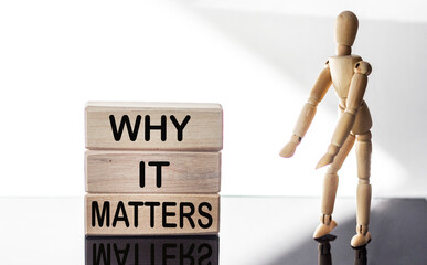 Wooden blocks with text Why is this important on white background with wooden puppet
