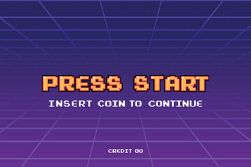  PRESS START INSERT A COIN TO CONTINUE .pixel art .8 bit game.retro game. for game assets in vector illustrations.Retro Futurism Sci-Fi Background. glowing neon grid.and stars from vintage arcade comp