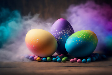 Fototapeta na wymiar Colorful Easter Eggs on Rustic Wooden Table