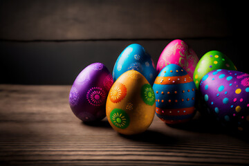Fototapeta na wymiar Colorful Easter Eggs on Rustic Wooden Table