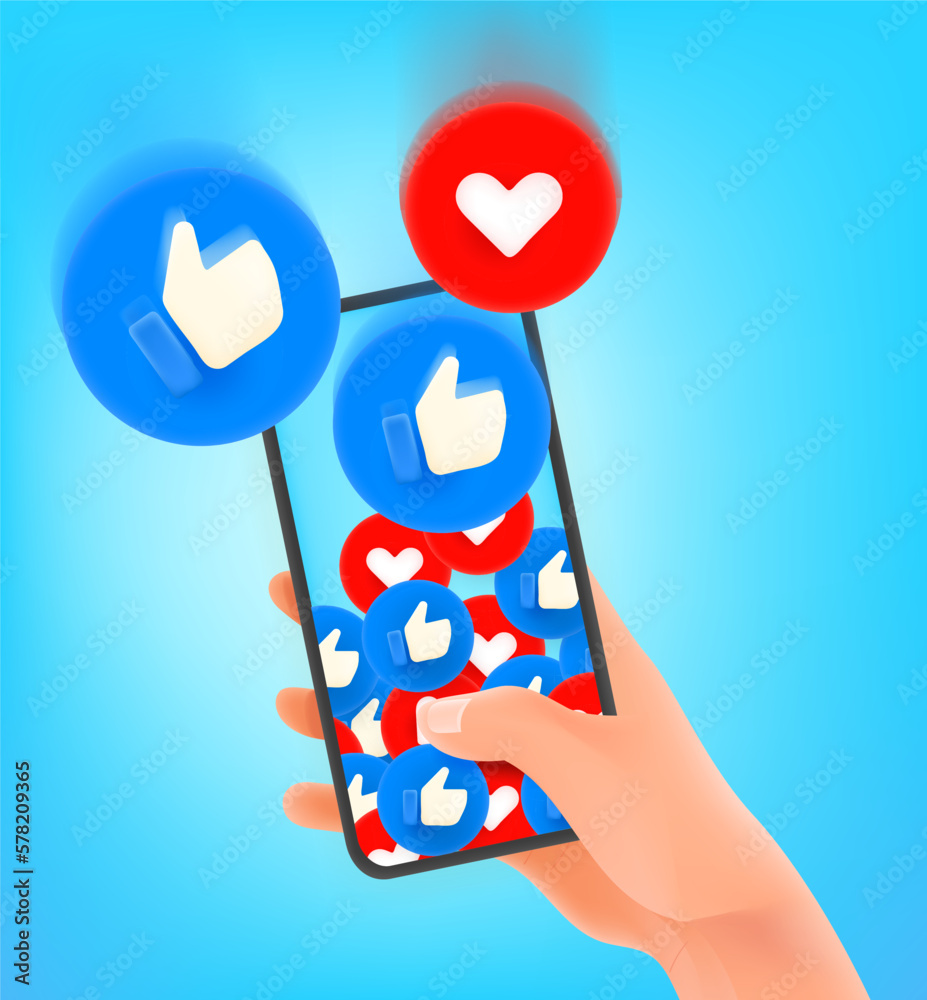 Poster thumb up and heart social media reaction 3d buttons falling to the smartphone