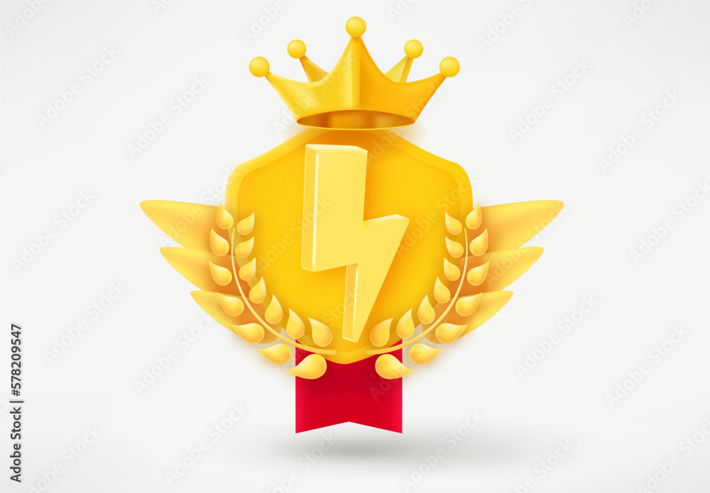 Poster golden game rank emblem with shield, thunderbolt and wreath. game achievement 3d badge isolated on w
