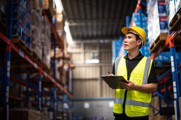 Asian male worker wearing Hard Hat with clipboard Checks Stock and Inventory in the Retail Warehouse.