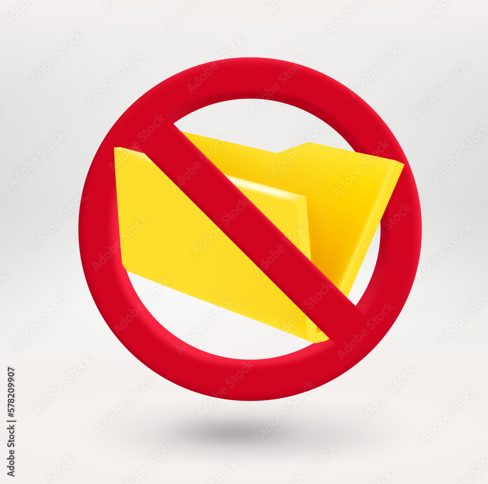 Poster Yellow folder icon in red circle with crossed line. 3d vector icon 
