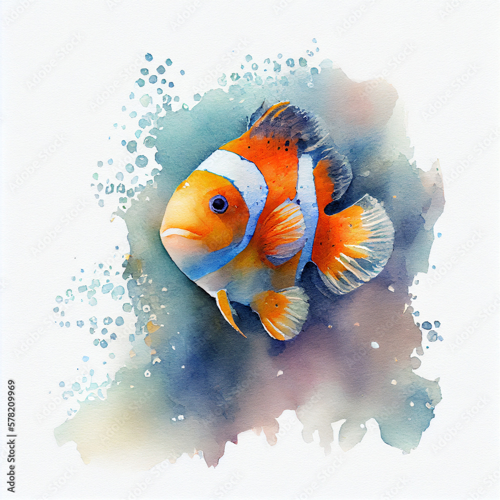 Wall mural Clownfish swim gracefully in a cute fantasy watercolor world against a white background