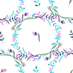 Fototapeta na wymiar Watercolor floral botanical pattern and seamless background. Ideal for printing onto fabric and paper or scrap booking. Hand painted. Raster illustration.