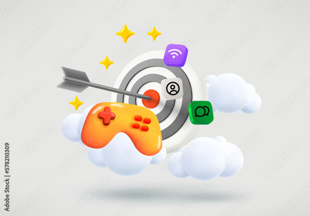 Poster video game concept with darts and gamepad. 3d vector illustration