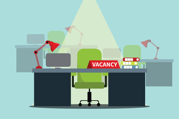 Vector illustration of an agency with a vacancy. Cartoon office with tables, lamps, folders and the inscription vacancy isolated on a white background. Employment agency.