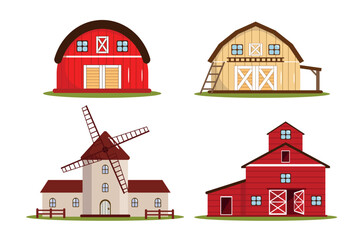 Set of different barns, mill in cartoon style. Vector illustration of wooden farm houses, barns for grain storage, mill to grind grain isolated on white background.