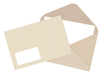 Front and back manila envelope with place for address and paper sheet isolated on white background. Craft with grainy texture. Beige blank kraft cardboard. Recycled package carton vector illustration