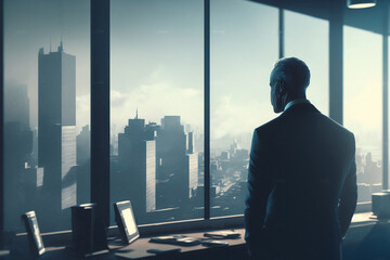 Fototapeta na wymiar The Executive View: Businessman in Perfect Tailored Suit Strategizing for His e-Commerce Startup, Overlooking the Big City from His Office - Generative AI