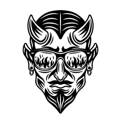 Devil in sunglasses that reflect flame vector monochrome illustration in vintage style isolated on white background