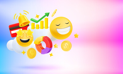 Digital business concept with icons and emojis. 3d vector banner with copy space