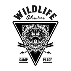 Bear monochrome emblem, badge, label or logo for camping and outdoors in vintage style vector illustration isolated on white