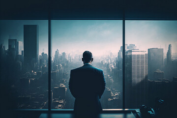 Fototapeta na wymiar Investing in Success: Businessman in Perfect Tailored Suit, Planning e-Commerce Startup Strategy While Overlooking the Big City from His Office Window - Generative AI