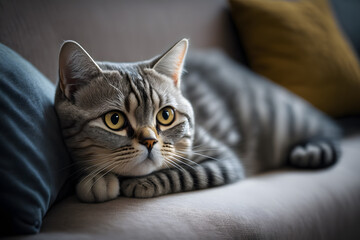 Portrait Beautiful short hair cat lying on the sofa at home photography made with Generative AI