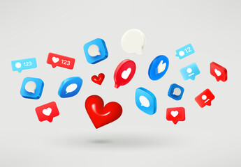 Social media icons flying on white background. 3d vector illustration