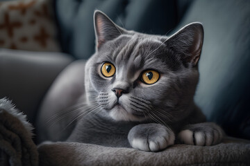 Portrait Beautiful short hair cat lying on the sofa at home photography made with Generative AI