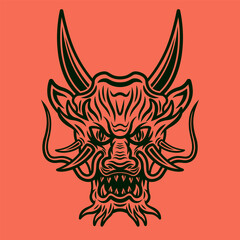 Japanese dragon head with horns vector illustration in vintage style on red background