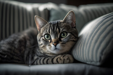 Portrait Beautiful short hair cat lying on the sofa at home photography made with Generative AI