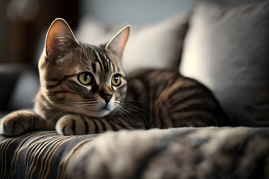 Portrait Beautiful short hair cat lying on the sofa at home photography made with Generative AI