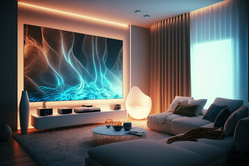 Interior of living room with contemporary TV, generative ai