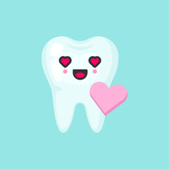 Heart happy tooth with emotional face, cute colorful vector icon illustration