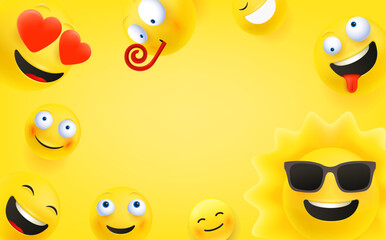 Different happy emojis. 3d vector banner with copy space
