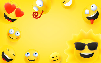Fototapeta premium Different happy emojis. 3d vector banner with copy space
