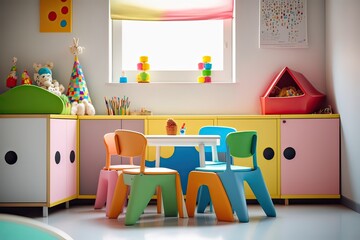 Kindergarten Room: Table, Colourful Chairs and Toys. Photo generative AI