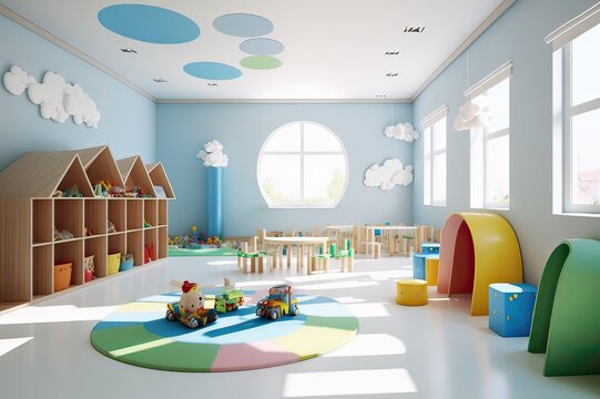 Interior of modern kindergarten classroom: Empty. Photo generative AI