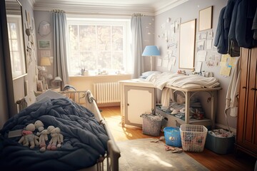 Living in family's messy baby room. Photo generative AI