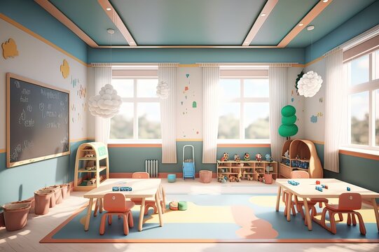 Modern Preschool Classroom Interior: Empty. Photo generative AI