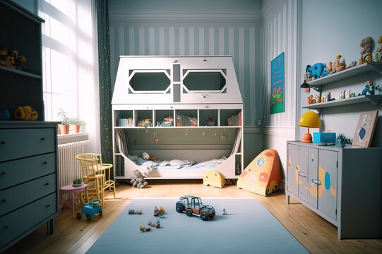 Interior of apt. w/ playroom & playhouse. Toys & furniture. Photo generative AI