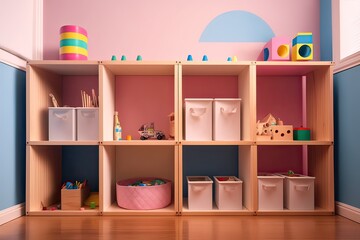 Obraz na płótnie Canvas Kindergarten School Room with Shelves, Pink & Blue Boxes, Wooden Toys. Photo generative AI