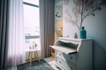 Modern Nursery with Changing Table & Window Flowers. Photo generative AI