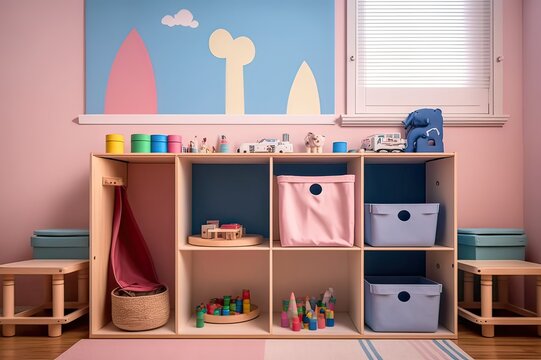 Kindergarten School Room with Shelves, Pink & Blue Boxes, Wooden Toys. Photo generative AI