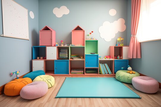 Nursery with shelves and boxes: Preschool symbol. Photo generative AI
