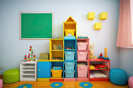 Nursery with shelves & colourful boxes: Preschool symbol. Photo generative AI