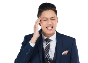 A mental strain and headache that the employee is experiencing is causing them to feel frustrated. isolated on a png background.