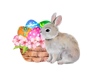 Cute little Easter bunny with basket with colored eggs and cherry blossom flowers. Watercolor small character rabbit beautiful design 